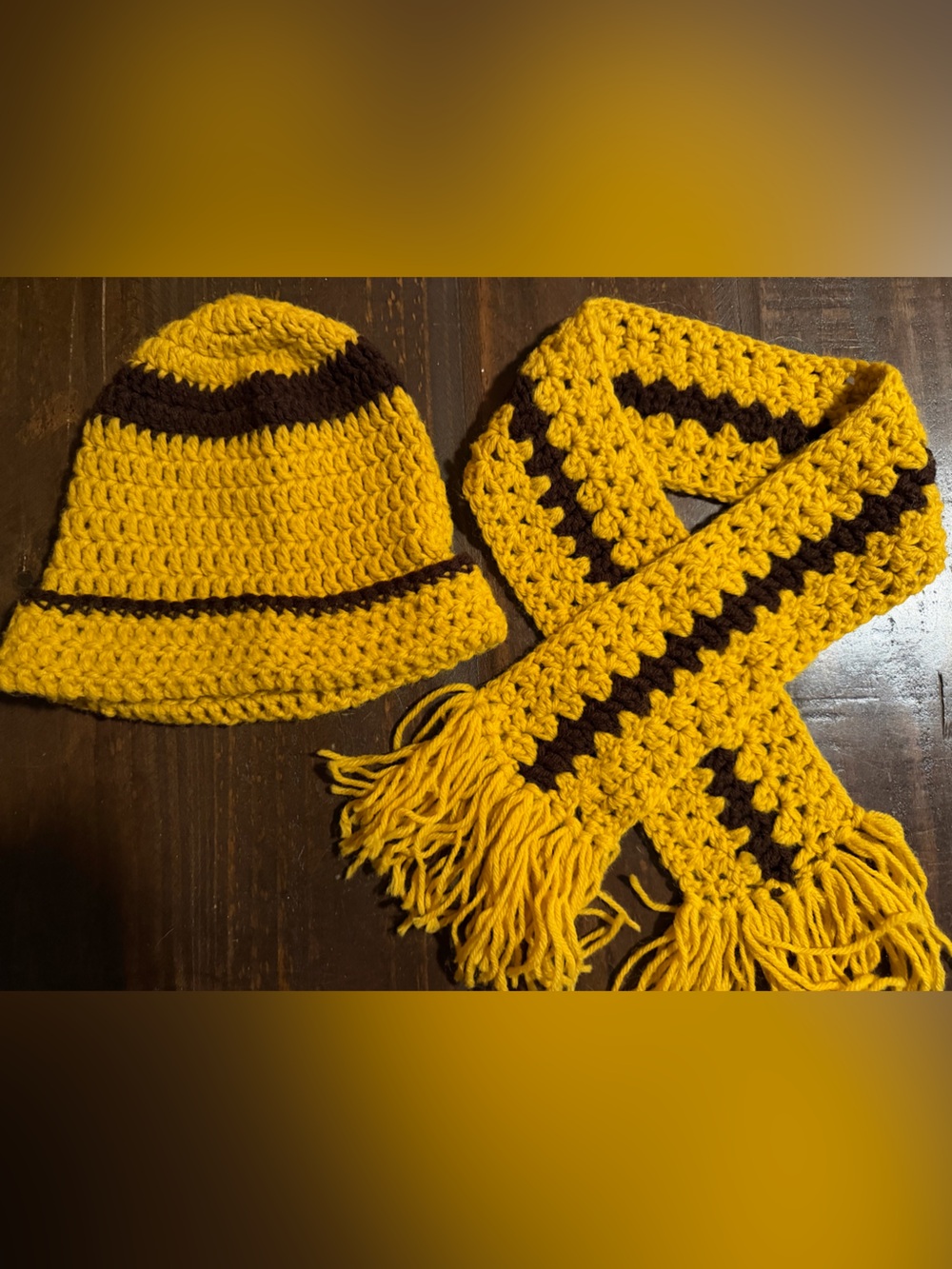 Vintage HandMade Mustard Yellow & Brown Crochet Hat and Scarf Set